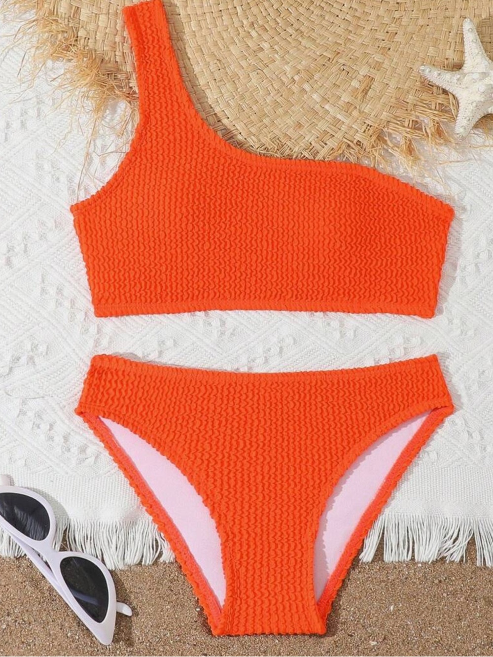 SHEIN Tween Girls' Solid Color Swimsuit 2 Pieces Set, Bikini Teen Orange Bikini